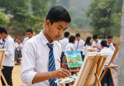 Students participating in an art event